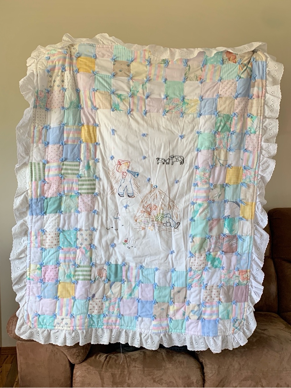 Handmade Pastel Patchwork Quilt Baby Embroidered Nursery Rhyme Little Boy Blue